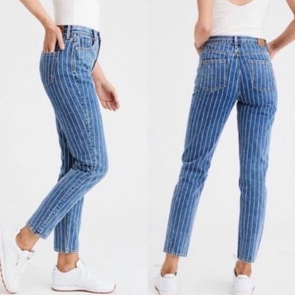 American Eagle Medium Wash Striped High Rise Mom Jeans - Picture 2 of 9